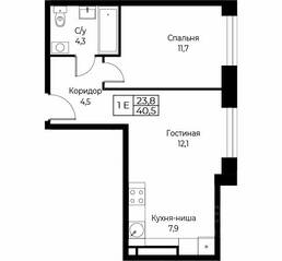 Апарт-комплекс «Aist Residence», планировка 1-комнатной квартиры, 40.50 м²