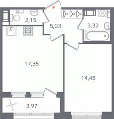 ЖК «Б15», планировка 1-комнатной квартиры, 44.32 м²