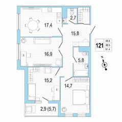 ЖК «Lotos Club», планировка 3-комнатной квартиры, 91.30 м²