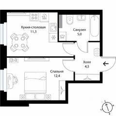 МЖК «Экография», планировка 1-комнатной квартиры, 33.20 м²