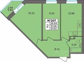 ЖК «Капральский», планировка 2-комнатной квартиры, 51.93 м²