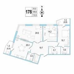 ЖК «Lotos Club», планировка 3-комнатной квартиры, 112.60 м²