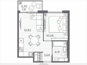 ЖК «Plus Пулковский», планировка 1-комнатной квартиры, 35.09 м²