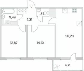 ЖК «Югтаун. Олимпийские кварталы», планировка 2-комнатной квартиры, 61.30 м²
