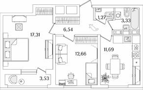 ЖК «Лайнеръ», планировка 2-комнатной квартиры, 54.57 м²