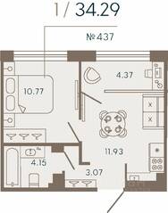 Апарт-комплекс «17/33 Петровский остров», планировка 1-комнатной квартиры, 34.29 м²