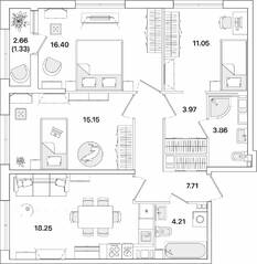 ЖК «Академик», планировка 3-комнатной квартиры, 81.93 м²