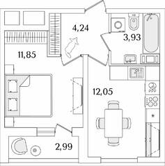 ЖК «Лайнеръ», планировка 1-комнатной квартиры, 33.57 м²