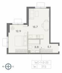 ЖК «ParkSide», планировка 1-комнатной квартиры, 37.50 м²