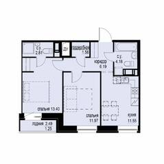 ЖК «iD Svetlanovskiy», планировка 2-комнатной квартиры, 52.91 м²