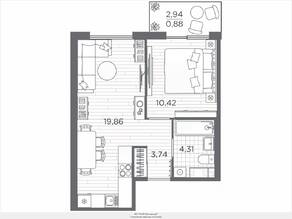 ЖК «Plus Пулковский», планировка 1-комнатной квартиры, 39.21 м²