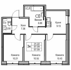 ЖК «Юнтолово», планировка 3-комнатной квартиры, 56.70 м²
