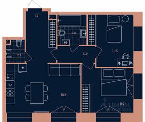 ЖК «ERA», планировка 3-комнатной квартиры, 59.60 м²