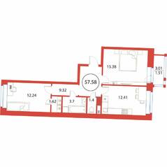 ЖК «Ariosto!», планировка 2-комнатной квартиры, 57.58 м²