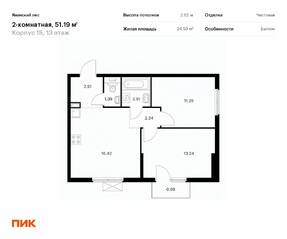 ЖК «Янинский лес», планировка 2-комнатной квартиры, 51.19 м²