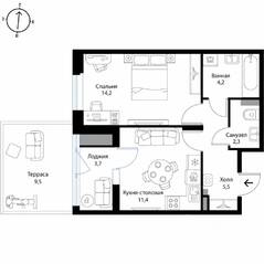 МЖК «Экография», планировка 1-комнатной квартиры, 42.30 м²