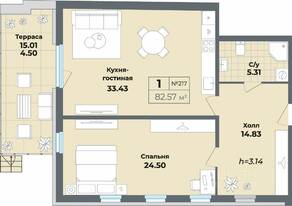 Апарт-комплекс «Лиговский, 127», планировка 1-комнатной квартиры, 82.57 м²
