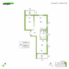 ЖК «Simple», планировка 2-комнатной квартиры, 62.20 м²