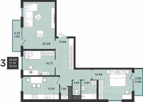 МЖК «Новокасимово», планировка 3-комнатной квартиры, 79.43 м²