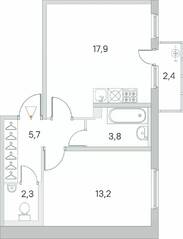 МЖК «Новое Сертолово», планировка 1-комнатной квартиры, 43.60 м²