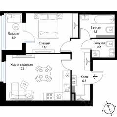 МЖК «Экография», планировка 1-комнатной квартиры, 43.40 м²