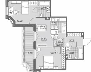 ЖК «Alter», планировка 2-комнатной квартиры, 71.60 м²