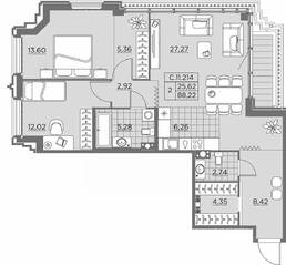 ЖК «Alter», планировка 2-комнатной квартиры, 89.40 м²