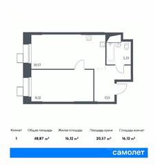 Апарт-комплекс «Тропарево парк», планировка 1-комнатной квартиры, 48.87 м²