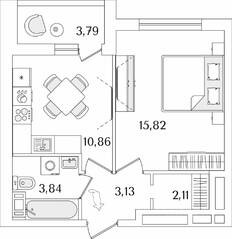 ЖК «Лайнеръ», планировка 1-комнатной квартиры, 37.66 м²