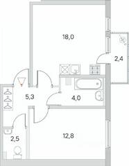 МЖК «Новое Сертолово», планировка 1-комнатной квартиры, 43.30 м²