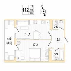ЖК «Lotos Club», планировка 1-комнатной квартиры, 48.30 м²