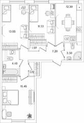 ЖК «Кинопарк», планировка 3-комнатной квартиры, 73.04 м²