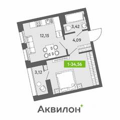 ЖК «Аквилон ZALIVE», планировка 1-комнатной квартиры, 34.56 м²