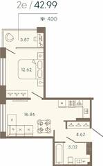 Апарт-комплекс «17/33 Петровский остров», планировка 1-комнатной квартиры, 42.99 м²