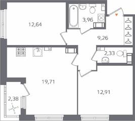 ЖК «Б15», планировка 2-комнатной квартиры, 62.00 м²