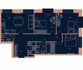 ЖК «ERA», планировка 3-комнатной квартиры, 76.00 м²