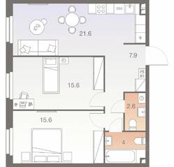 ЖК «Twelve», планировка 3-комнатной квартиры, 67.30 м²
