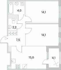 ЖК «Югтаун. Олимпийские кварталы», планировка 2-комнатной квартиры, 59.55 м²