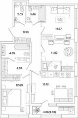 ЖК «Академик», планировка 3-комнатной квартиры, 77.78 м²