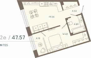 Апарт-комплекс «17/33 Петровский остров», планировка 1-комнатной квартиры, 47.57 м²