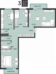 МЖК «Новокасимово», планировка 3-комнатной квартиры, 83.37 м²