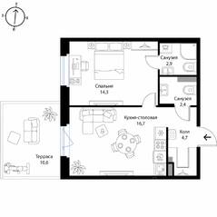 МЖК «Экография», планировка 1-комнатной квартиры, 44.20 м²
