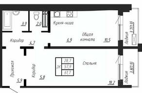 ЖК «Сибирь», планировка 2-комнатной квартиры, 61.70 м²