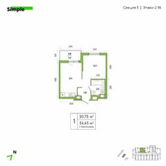 ЖК «Simple», планировка 1-комнатной квартиры, 32.10 м²