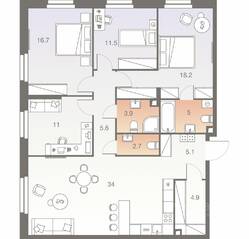 ЖК «Twelve», планировка 5-комнатной квартиры, 118.60 м²