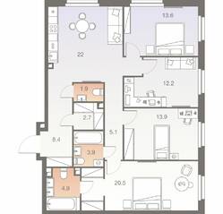 ЖК «Twelve», планировка 5-комнатной квартиры, 109.10 м²