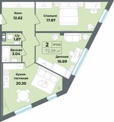 Апарт-комплекс «Лиговский, 127», планировка 2-комнатной квартиры, 72.39 м²