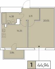 ЖК «Tesoro», планировка 1-комнатной квартиры, 44.94 м²