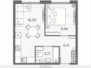 ЖК «Plus Пулковский», планировка 1-комнатной квартиры, 35.82 м²