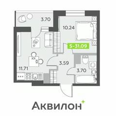 ЖК «Аквилон All in 3.0», планировка 1-комнатной квартиры, 31.09 м²